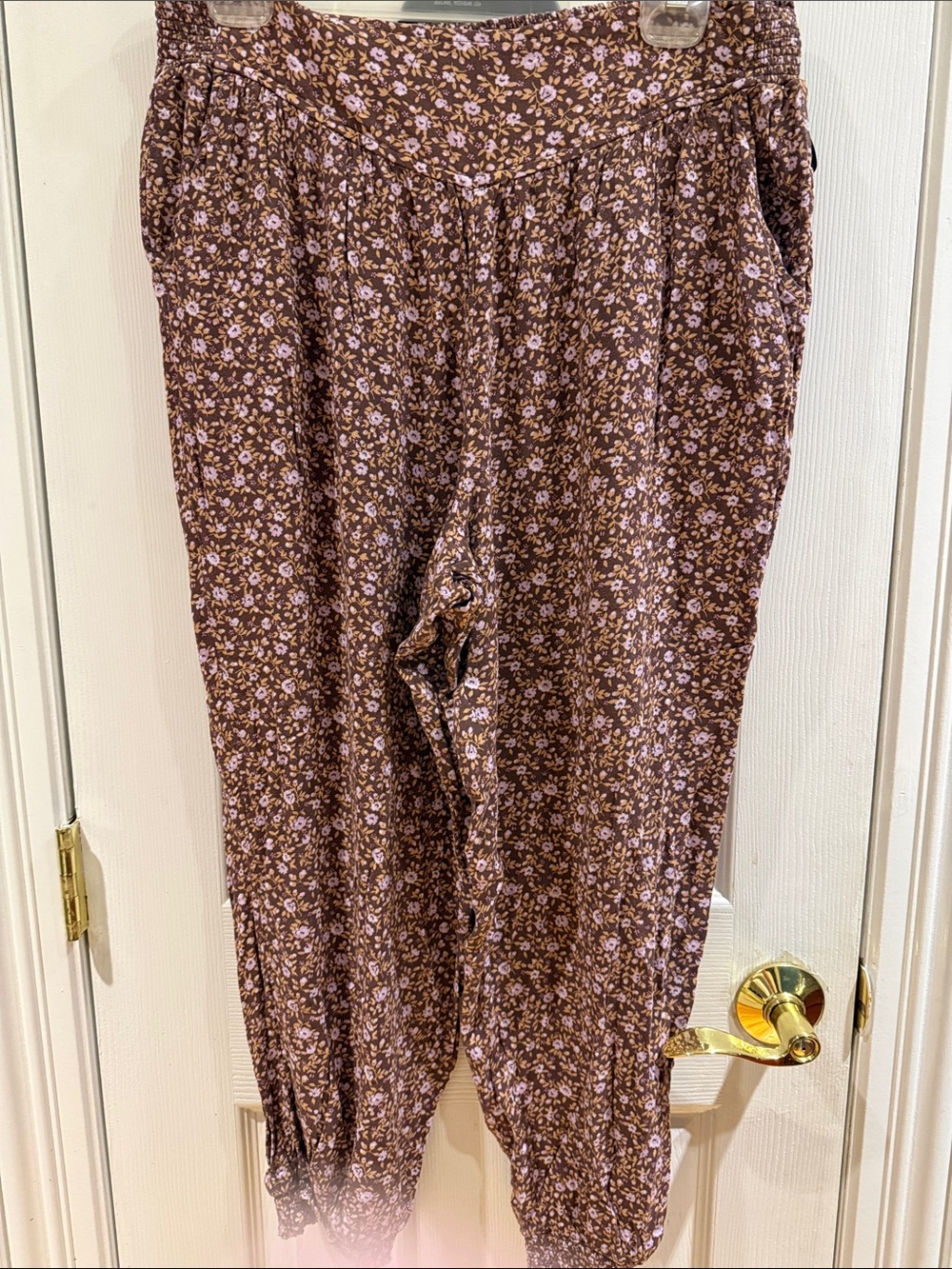 aerie Brown Floral Track Pants with Lavender Accent
